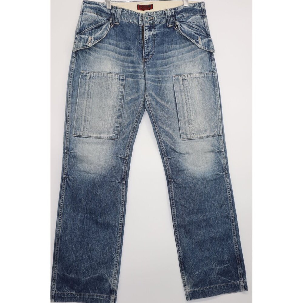 Johnbull Kojima Japan Distressed Denim Workwear Jeans With Cargo Pockets Blue